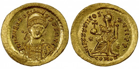 ROMAN EMPIRE: Theodosius II, 402-450 AD, AV solidus (4.51g), Constantinople, Depeyrot-84/1, diademed, helmeted and cuirassed bust facing slightly righ...
