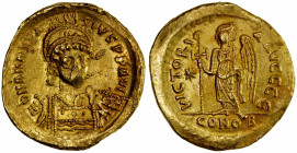 BYZANTINE EMPIRE: Anastasius I, 491-518, AV solidus (4.40g), Constantinople, S-5, helmeted and cuirassed bust, facing slightly to the right, holding s...