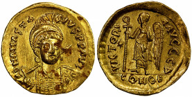 BYZANTINE EMPIRE: Anastasius I, 491-518, AV solidus (4.34g), Constantinople, helmeted and cuirassed bust, facing slightly to the right, holding spear,...