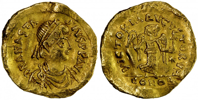 BYZANTINE EMPIRE: Anastasius I, 491-518, AV tremissis (1.41g), Constantinople, S...