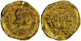 BYZANTINE EMPIRE: Anastasius I, 491-518, AV tremissis (1.41g), Constantinople, S-8, diademed bust facing right // Victory advancing, slightly crinkled...