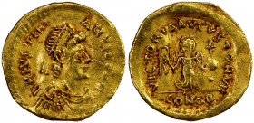 BYZANTINE EMPIRE: Justinian I, 527-565, AV tremissis (1.36g), Constantinople, ND, Sear-145, MIB-19, DO-19, diademed, draped, and cuirassed bust right ...