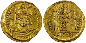 BYZANTINE EMPIRE: Maurice Tiberius, 582-602, AV solidus (4.46g), Constantinople, S-478, bust facing, with plumed helmet, holding globus cruciger // an...