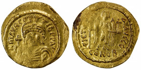 BYZANTINE EMPIRE: Maurice Tiberius, 582-602, AV solidus (4.41g), Constantinople, S-478, bust facing, with plumed helmet, holding globus cruciger // an...