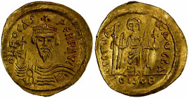 BYZANTINE EMPIRE: Phocas, 602-610, AV solidus (4.48g), Constantinople, S-618, bust facing, wearing crown without pendilla // angel facing, holding lon...