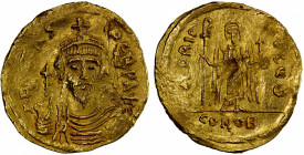 BYZANTINE EMPIRE: Phocas, 602-610, AV solidus (4.50g), Constantinople, S-618, bust facing, wearing crown without pendilla // angel facing, holding lon...