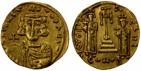 BYZANTINE EMPIRE: Constantine IV, with Heraclius & Tiberius, 668-685, AV solidus (4.42g), Constantinople, S-1147, DOC-1c, 10th officina, crowned beard...