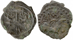 HUNNIC: Sri Shahi, probably 6th century, AE unit (0.59g), G, Vondrovec, bearded head facing, wearing simple cap // winged Pegasus right, Brahmi legend...