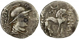 YUEH CHI: Agesiles, late 1st century BC, AR obol (0.39g), Mitch-2831/32 (full drachm), helmeted bust right, floral design on the helmet, name behind /...