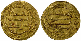ABBASID OF YEMEN: al-Mustakfi, 944-ca. 950, AV reduced weight dinar (1.91g), 'Adan, AH334, A-Y1061, Zeno-269320 (this piece), standard Abbasid legends...