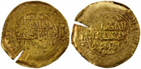 GREAT MONGOLS: temp. Chingiz Khan, 1206-1227, AV dinar (4.94g), Badakhshan, ND, A-A1967, same obverse die as Zeno-52642, kalima // the caliph al-Nasir...