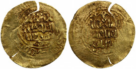 GREAT MONGOLS: temp. Chingiz Khan, 1206-1227, AV dinar (4.29g), Badakhshan, ND, A-A1967, same obverse die as Zeno-52642, kalima // the caliph al-Nasir...