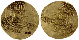 GREAT MONGOLS: temp. Chingiz Khan, 1206-1227, AV dinar (3.65g), NM, AH(6)18, A-V3705, kalima // the caliph al-Nasir; same obverse die as Lot 1243 in o...