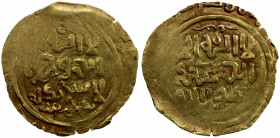 GREAT MONGOLS: Anonymous, ca. 1220s-1240s, AV dinar (3.96g), Samarqand, ND, A-B1967, broad flan, crude strike from harshly cleaned dies, mint name bel...
