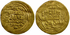 ILKHAN: Ghazan Mahmud, 1295-1304, AV dinar (8.49g), Tabriz, AH700, A-2170, standard type, with Uighur obverse together with name in Arabic & 'Phags-Pa...