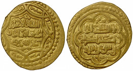 ILKHAN: Abu Sa'id, 1316-1335, AV dinar (6.63g), Jajerm, AH733, A-2212, type G, mint name repeated twice on the obverse (once in the margin and once in...