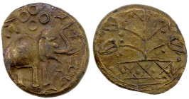 SATAVAHANA: Kochchiputra, 1st century BC, AE round unit (6.04g), Pieper-658var; Sarma-B20, elephant right, Ujjain symbol & uncertain symbol above // r...