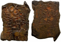 SATAVAHANA: Sri Satakarni, 1st century BC, AE rectangular unit (9.88g), Pieper-659, Sarma, elephant right below, large swastika above, Ujjain symbol &...