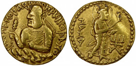 KUSHAN: Huvishka, ca. 155-187, AV dinar (7.69g), G-300, half-length profile bust of king left, above the clouds, holding mace & ankusa // Nana standin...