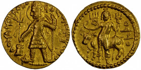 KUSHAN: Vasu Deva I, 190-230+, AV dinar (7.97g), Mitch-3389/94, king standing, second series with second trident to left above the altar // Siva & bul...