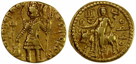KUSHAN: Vasu Deva I, 190-230+, AV dinar (7.89g), Mitch-3389/94, king standing, holding long trident, offering sacrifice on altar, with the second trid...