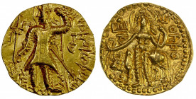 KUSHAN: Vasu Deva I, 190-230+, AV dinar (7.87g), Mitch-3395/97, king standing, holding long trident, offering sacrifice on altar, with the second trid...