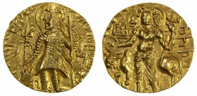 KUSHAN: Kanishka II, ca. 226-240, AV dinar (7.88g), G-635, standard obverse, with Brahmi ga / gho / hiru // Siva & bull Nandi, EF, R.
Estimate: $550-...