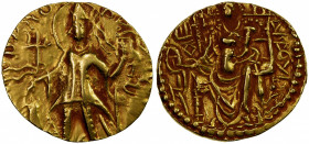KUSHAN: Vasishka, ca. 240-250, AV dinar (7.57g), Mitch-3502var, standing king, Brahmi text Vai Tha PiDa // Ardoksho enthroned, bold VF to EF.
Estimat...