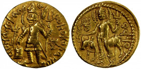 KUSHAN: Vasu Deva II, ca. 290-310, AV dinar (7.84g), Mitch-3505, king standing, holding long trident, offering sacrifice on altar, Brahmi legend Jira ...
