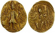 KUSHAN: Vasu Deva II, ca. 290-310, AV dinar (7.78g), Mitch-3542/44, standard obverse, with Brahmi monograms sa / vi / vasu // Ardoksho enthroned, with...