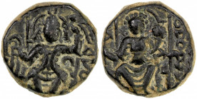 KUSHAN: "Vasu", late 3rd century, AE unit (4.74g), Mitch-3568/69, king enthroned, holding a diadem and an uncertain object, possibly a wine glass // A...