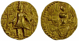 KUSHAN: Chhu, ca. 310-325, AV dinar (7.78g), Mitch-3554, king standing, holding trident & offering sacrifice over altar, Brahmi legend Ga / Va / Chhu ...