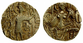 KUSHAN: Kipunada, ca. 350-375, AV dinar (7.60g), Mitch-3584/88, king standing left, holding trident and sacrificing over altar, Da in Brahmi to right ...