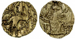 KUSHAN: Kipunada, ca. 350-375, AV dinar (7.62g), Mitch-3584/88, king standing left, holding trident and sacrificing over altar, Na in Brahmi to right ...