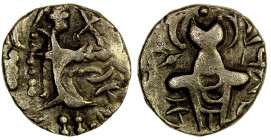 JAMMU & KASHMIR: Pratapaditya II, 5th century, AV dinar, slightly debased (7.37g), Kirke-3645-var, X-like mark upper right, debased name kidara below ...