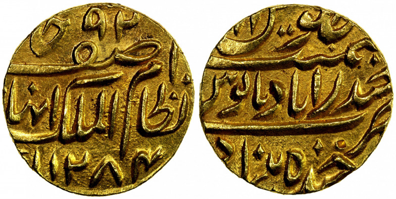 HYDERABAD: Afzal-ud-Dawla, 1857-1869, AV mohur (11.06g), Farkhanda Bunyad, AH128...