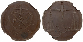 BOMBAY PRESIDENCY: AE pice, 1791, KM-193, East India Company issue, proof struck at Matthew Boulton's Soho Mint, Birmingham, NGC graded Proof 64 BN.
...