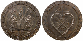 MADRAS PRESIDENCY: AE 1/48 rupee (13.60g), 1797, KM-398, traces of original luster, Proof.
Estimate: $200-300