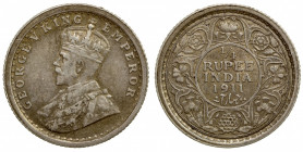 BRITISH INDIA: George V, 1910-1936, AR ¼ rupee, 1911(c), KM-517, scarce one-year type, EF, ex Don Erickson Collection. The 1911 accession to the thron...