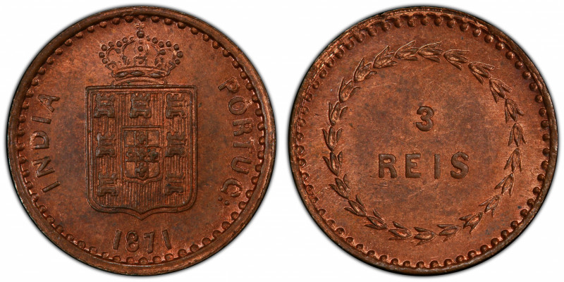 PORTUGUESE INDIA: Luiz I, 1861-1889, AE 3 reis, 1871, KM-301, a wonderful red lu...