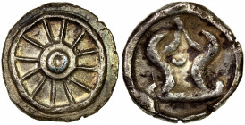 SUDHAMMAPURA: 7th century, AR unit (9.60g), Mahlo-24c, Mit-535/39, lotus wheel with 12 spokes // srivatsa with crescent moon in center, EF, RR. Mahlo ...