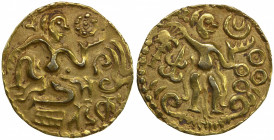 CEYLON (MEDIEVAL): Anonymous, ca. 970-1070, AV kahavanu (4.33g), Mitch-825, with the king holding the sun symbol on the obverse, the moon crescent on ...
