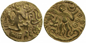 CEYLON (MEDIEVAL): Anonymous, ca. 970-1070, AV kahavanu (4.38g), Mitch-825, with the king holding the sun symbol on the obverse, the moon crescent on ...