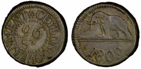 CEYLON: George III, 1760-1820, AR 96 stivers, 1809, KM-79, elephant left, PCGS graded AU53. In 1802 Ceylon was made a British Crown Colony, and, by th...