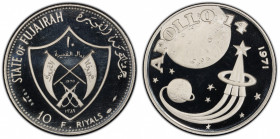 FUJEIRA: Muhammad b. Hamad al-Sharqi, 1952-1974, AR 10 riyals, 1970/AH1389, KM-22, Apollo Moon Landing Program - Apollo XIV, numbered 12920, with orig...