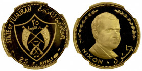 FUJEIRA: Muhammad b. Hamad al-Sharqi, 1952-1974, AV 25 riyals, 1970/AH1389, KM-7, Richard Nixon, NGC graded PF69 Ultra Cameo.
Estimate: $300-350