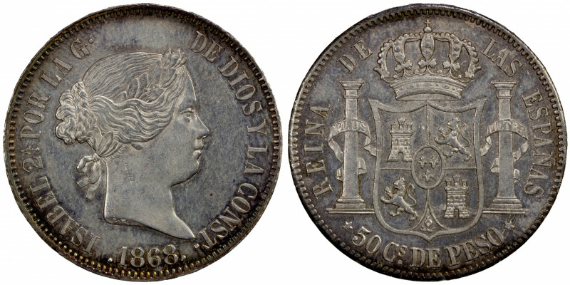 PHILIPPINES: Isabel II, 1833-1868, AR 50 centimos, 1868/58, KM-147, restrike dat...