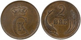 DENMARK: Christian IX, 1863-1906, AE 2 øre, 1876, KM-793.1, Y-9, initials CS, key date, brown with hints of red, Choice About Unc, ex Joe Sedillot Col...