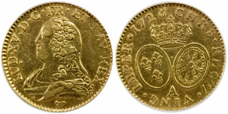 FRANCE: Louis XV, 1715-1774, AV louis d'or, 1726-A, KM-489.1, Fr-461, AGW 0.2405...