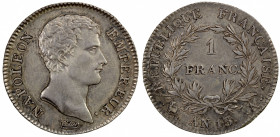 FRANCE: Napoleon I, as Emperor, 1804-1814, AR franc, AN 13/2-A (1805), KM-656.1, Cr-153, bold overdate, light tone, EF to About Unc, ex Joe Sedillot C...